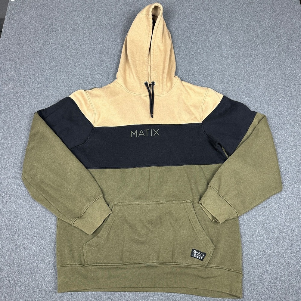 MATIX Mens L Colorblock Pullover Hoodie Olive Green Tan Black Skate Streetwear